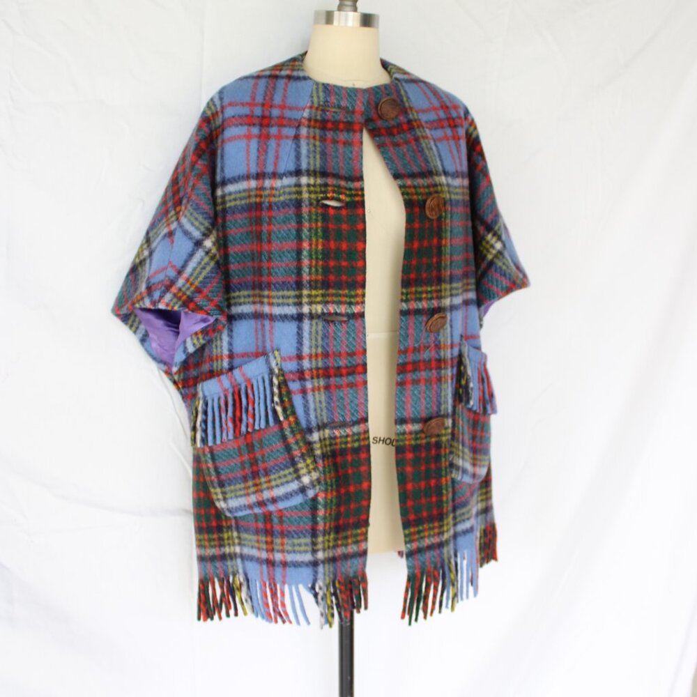 MERRYWEAR Ireland jacket cape poncho cloak Tartan plaid wool fringe check - Picture 5 of 12